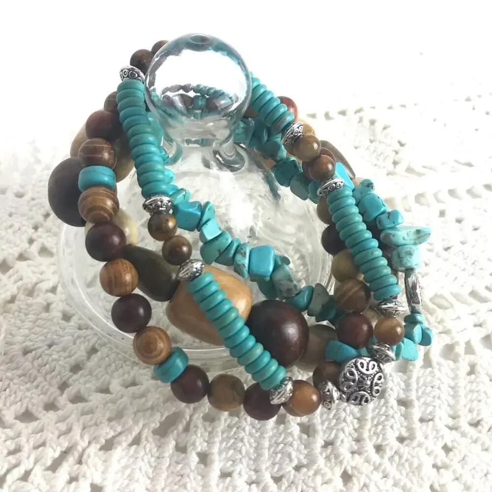 Turquoise Wood Bracelets Southwestern 4 Pc Stackable